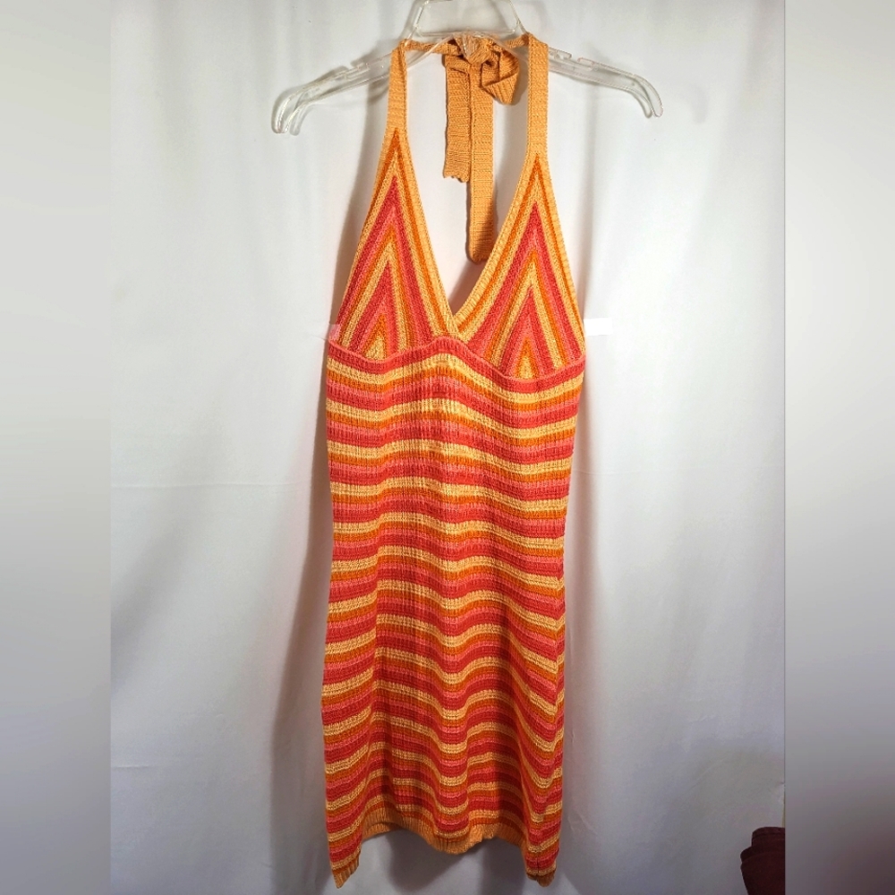 No Comment orange pink stripe knit mini dress   women's M  #1537